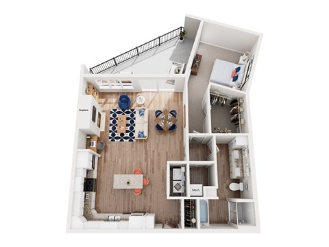 Floor plan for 1 bed, 1 bath, 1117 sqft
